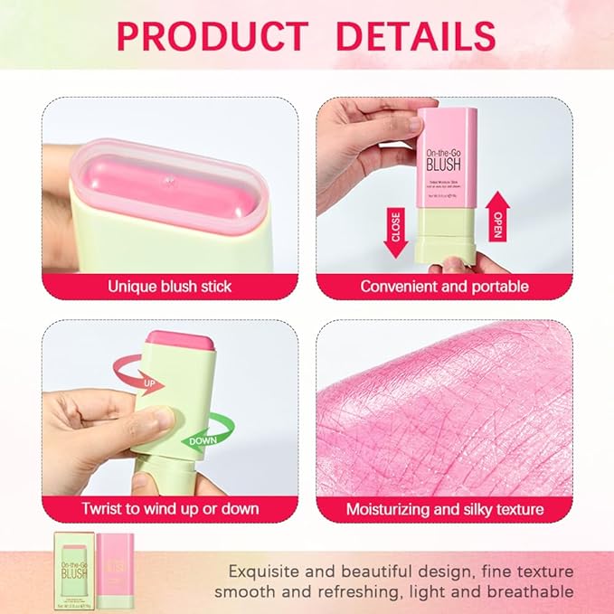 Soft Creamy Blush Stick,On-the-Go Blush,2-in-1 Cheek and Lip Tint,Waterproof Hydrating Solid Natural Moisture Smooth Blendable Matte Finish Face Blush Makeup,02 hot red
