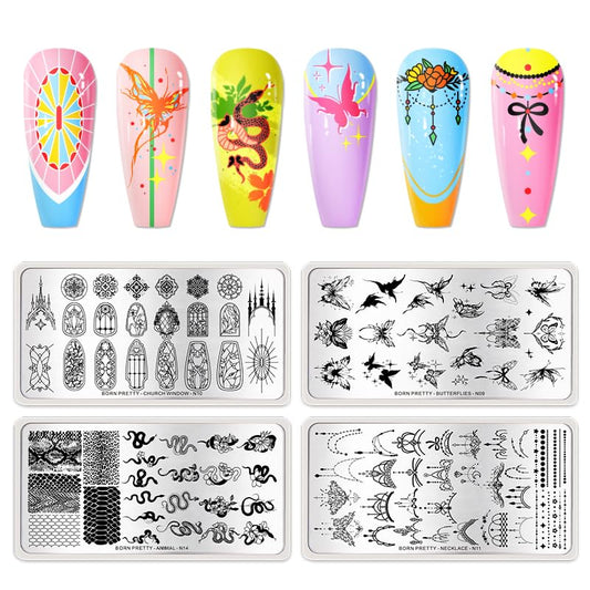 BORN PRETTY Stamping Temeplates Set,Butterfly Necklace Leopard Print Theme Nail Image Plates Nail Art Stamping Plate Manicuring DIY Printing Tools 4PCS