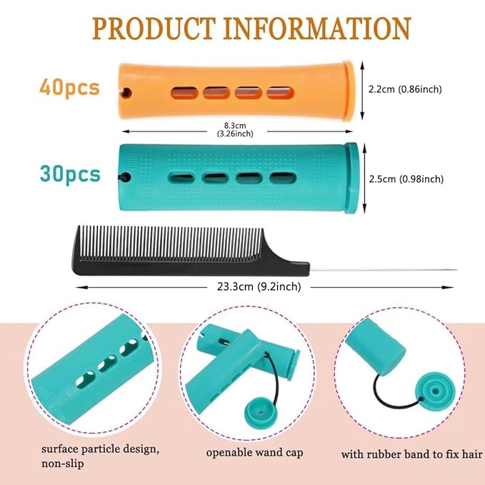 70pcs Perm Rods Set for Women's Natural Hair - Orange and Green Cold Wave Hair Rollers for Curling Long or Short Hair, DIY Hairdressing Tools