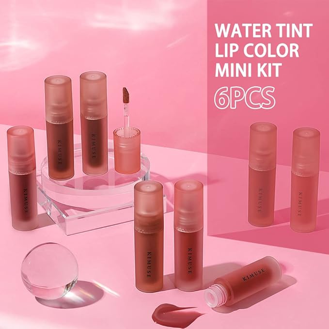 KIMUSE Water Gel Lip Tint 6 Colors Set, Highly Pigmented Long Lasting Moisturizing Glossy Lip Stains, Hydrate Lightweight Lip Gloss Makeup