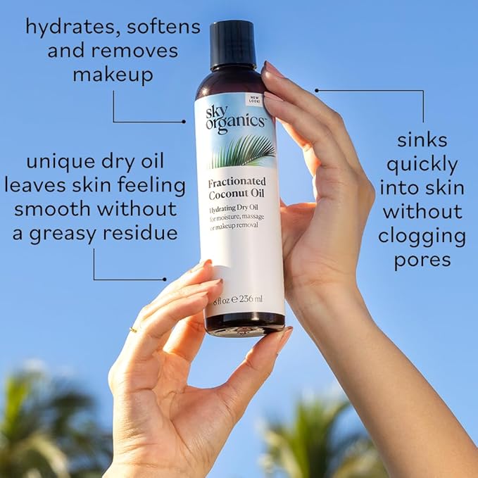 Sky Organics Fractionated Coconut Oil, Hydrating Dry Oil for Moisture, Massage and Makeup Removal, Suitable for All Skin Types, 100% Pure and Cold Pressed Multipurpose Body and Face Oil, 8 fl. Oz