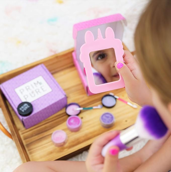 Prim and Pure Mineral Gift Set with Unicorn Mirror| Perfect for Play Dates & Birthday Parties | Kids Eyeshadow Makeup – Mineral Blush | Organic & Natural Makeup Kit for Kids| Made in USA (Purple)
