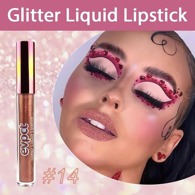 evpct 1Pcs Nude Gold Glitter Metallic Shimmer Diamond Lipstick Lip Gloss Stain Set for Women Long Lasting Waterproof, Nude Brown Sparkle Glitter Matte long Wear Liquid Lipstick Lip Makeup Kit, 14#