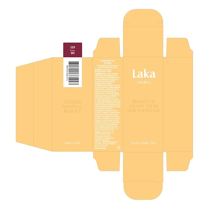 Laka Fruity Glam Tint, 4.5g/0.15 oz., Glowing Lip Stain with Wide Color Spectrum, Hydrating & Lightweight Texture, Long-Lasting Bold Stain, Non-Sticky, Vegan, K-Beauty (#115 Envy)