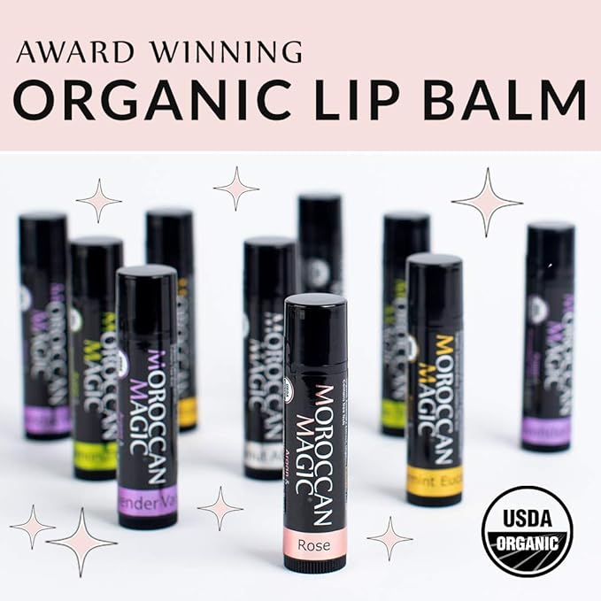 Moroccan Magic Organic Unscented Lip Balm 3 Pack | Ultra-Hydrating Argan Oil Lip Moisturizer + Vitamin E | Natural Chapstick for Dry Lips | Smooth, Non-Toxic | Organic Lip Balm