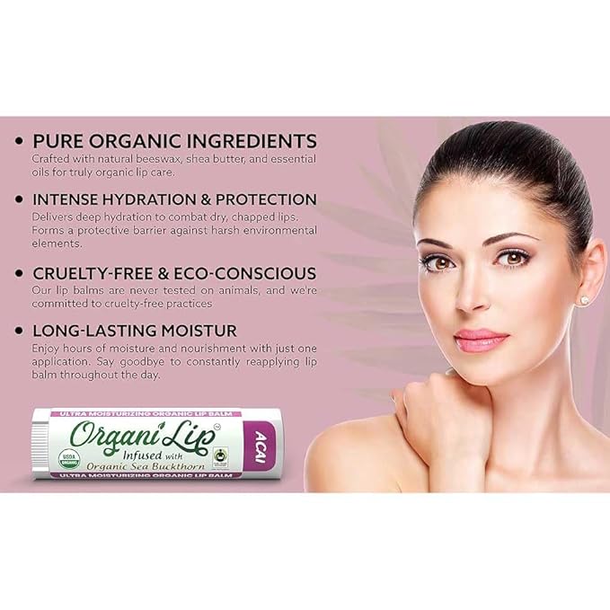 Organic Lip Balm, Acai Flavor, Ultra Hydrating Lip Moisturizer for Cracked or Dry Lips, Infused With Organic Sea Buckthorn, Oval Shaped Tube, USDA Certified Organic, 30 Pack