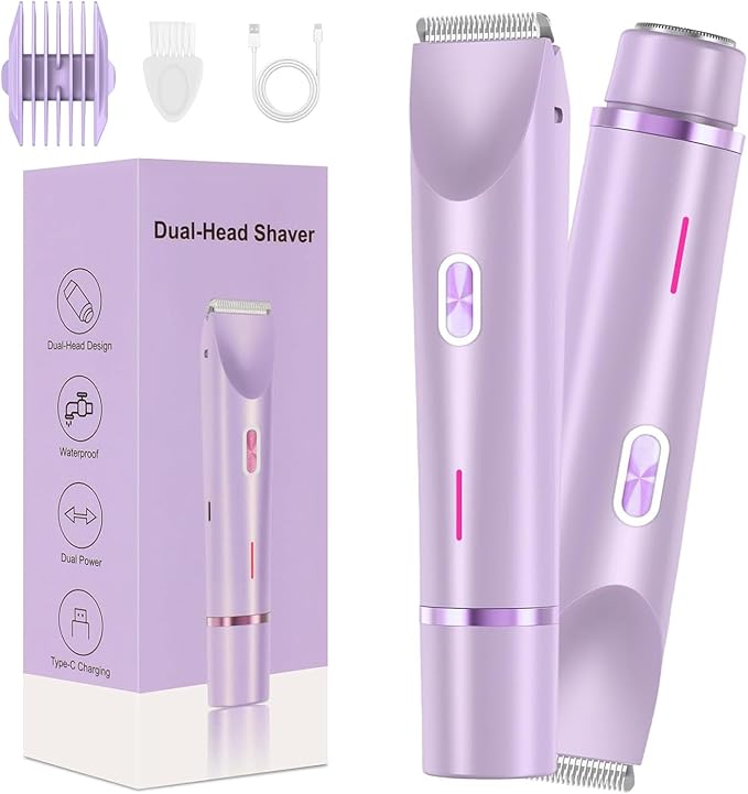 Dermave Bikini Shaver,2 in 1 Dual Head Bikini Trimmer & Body Shaver, Painless Hair Removal with Silky Glow Finish, Cordless & Waterproof Electric Trimmer for Women,Purple