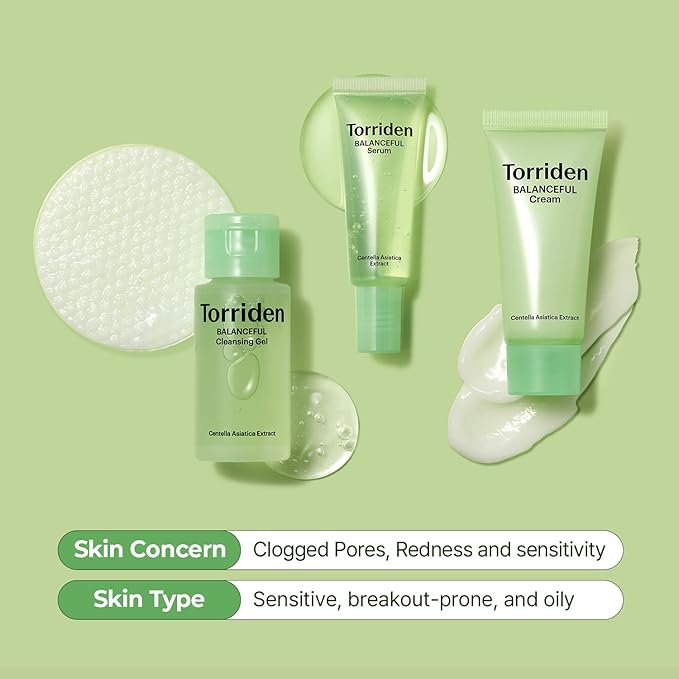 Torriden BALANCEFUL Cica Trial Kit, Gotu Kola Infused Daily Skincare Kit - 4 Step Regimen with Cleansing Gel, Toner Pad, Serum, and Cream | Vegan, Hypoallergenic Korean Skin Care