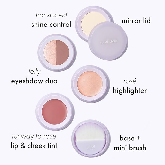 Subtl Beauty 4-in-1 travel makeup kit by subtl staks | eyeshadow duo, shine control powder, cream highlighter, lip and cheek | includes mirror lid and mini brush | stackable makeup designed for travel