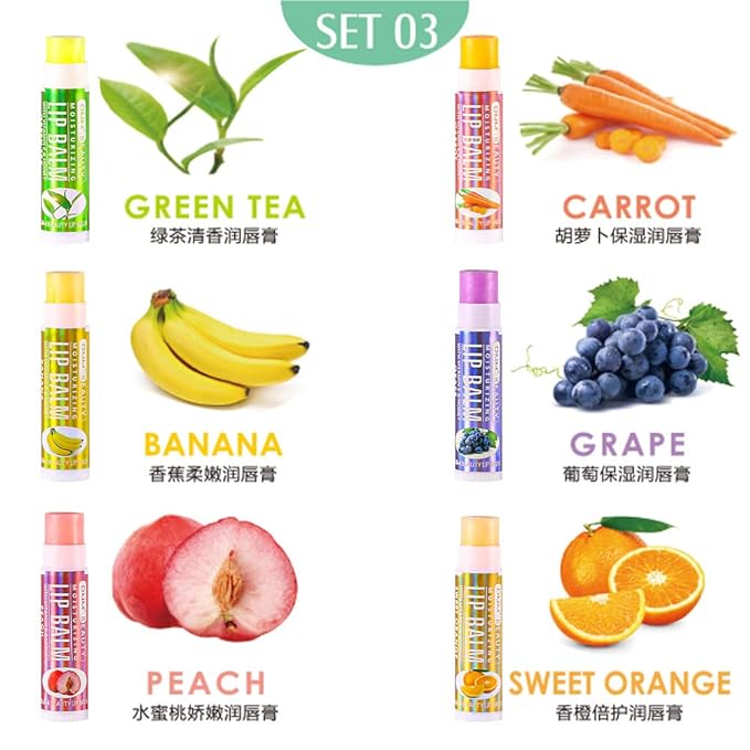 evpct 6Pcs Classic Fruit Flavour Flavored Lip Balm Set for Lip Care Chafed Chapped Cracked Lips, Natural Vitamin E & Honey Green Tea Carrot Banana Grape Peach Orange Moisturizing Mens Kids Lip Balm 3
