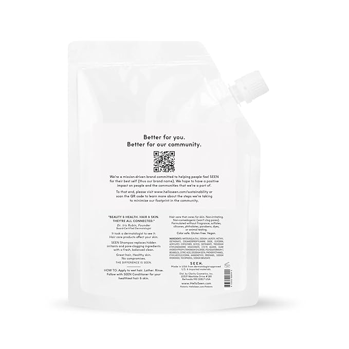 SEEN Shampoo Eco-Refill, Fragrance Free - Non-Comedogenic & Sulfate-Free Hair Shampoo- Dermatologist-Developed - Safe for Sensitive, Eczema & Acne Prone Skin