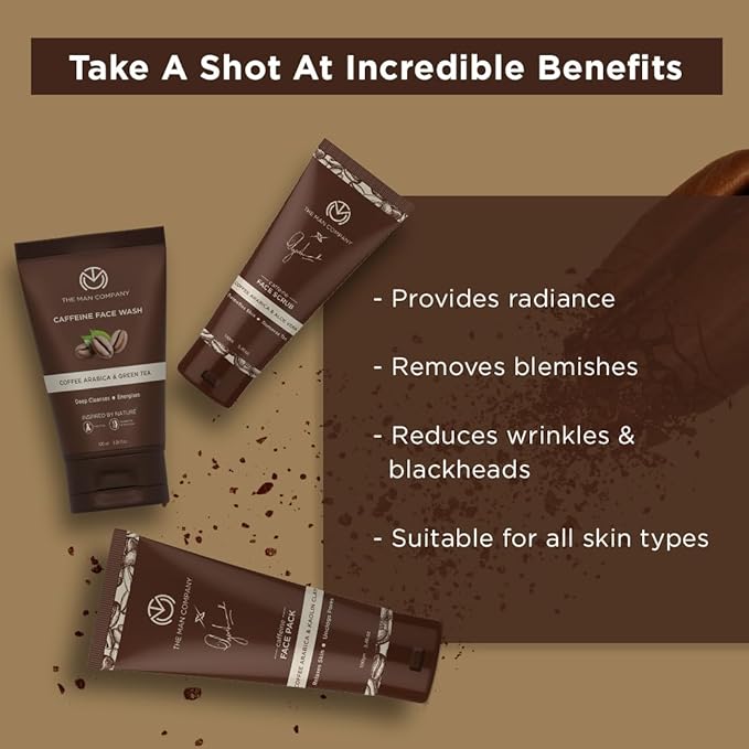 The Man Company Coffee Face Care Kit with Face Wash, Face Scrub, Face Pack | Cleanses, Detoxifies, Relaxes, Glowing and Brightening Skin - Pack of 3