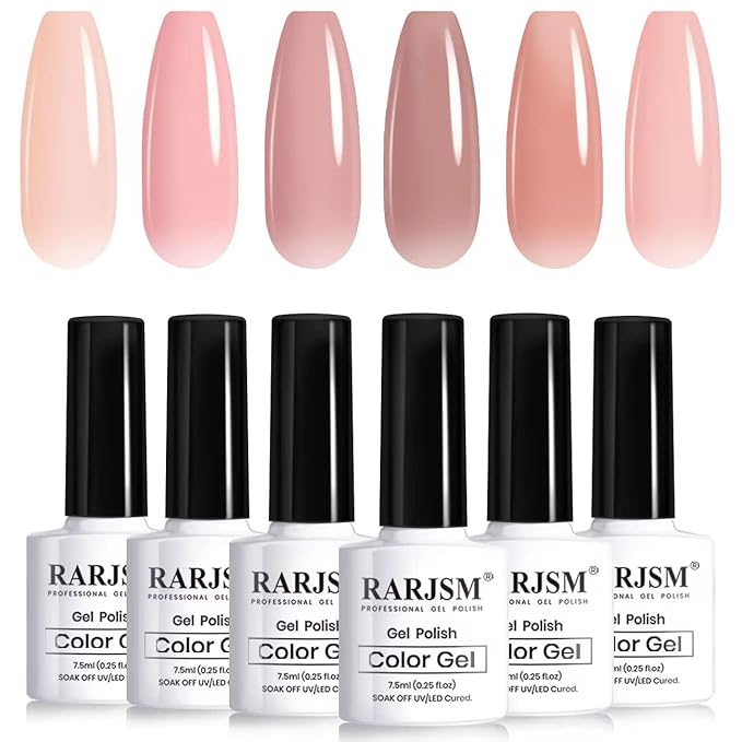 RARJSM Nude Gel Polish Set Jelly Pink Collection of 6 Transparent Natural Colors Sheer Pink Milky Mavue Purple Light Brown French Manicure LED UV Gel Nail Polish Soak Off Curing Requires Home Salon