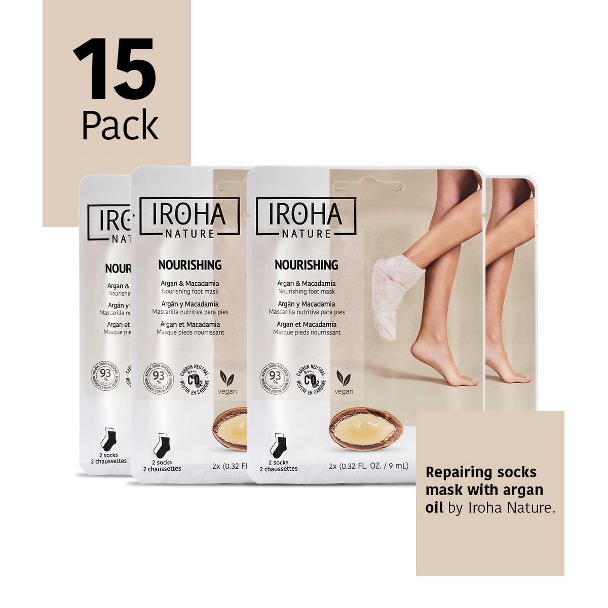 IROHA NATURE Nourishing Foot Mask Socks with Argan & Macadamia Oil | 15 Pairs | Intensive Treatment for Dry & Dehydrated Feet | Flash Effect | Natural & 100% Vegan
