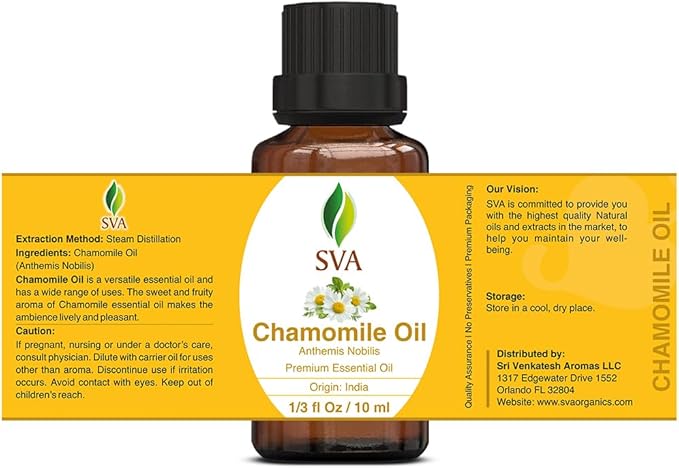 SVA Chamomile Essential Oil – 1/3 Fl Oz – 100% Natural Chamomile Oil - for Diffuser, Hair Care, Face, Skin Care, Aromatherapy, Scalp and Body Massage, Soap and Candle Making