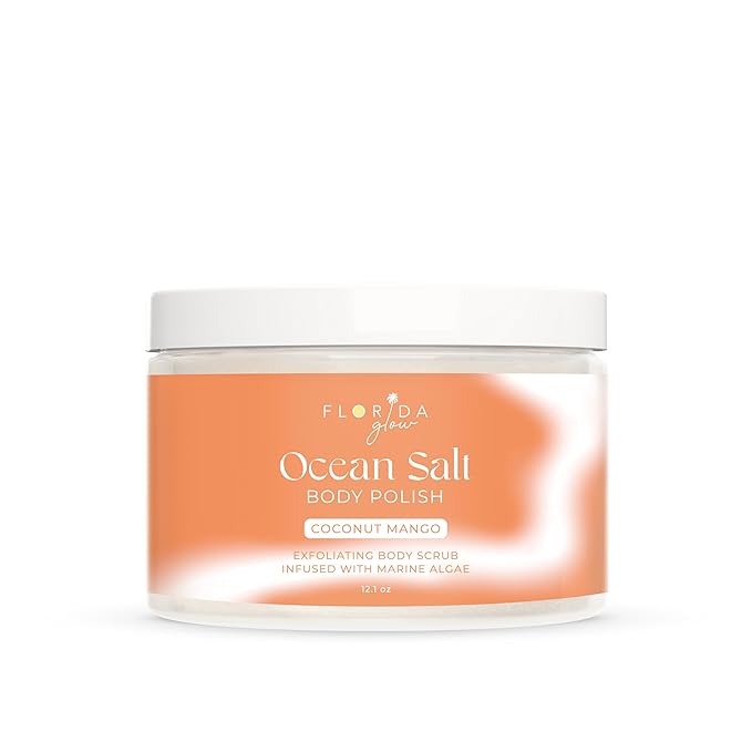 Sea Salt Body Scrub by Florida Suncare - Ocean Salt Body Polish Infused with Marine Algae - Exfoliating Face and Body Scrub - Facial Scrub Exfoliator to Tackle Acne and Scars (Coconut Mango, 3.3 oz)