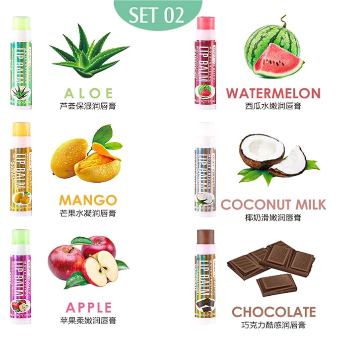 evpct 6Pcs Classic Fruit Flavour Flavored Lip Balm Set for Lip Care Chafed Chapped Cracked Lips,Natural Vitamin E Honey Aloe Vera Watermelon Mango Coconut Milk Apple Chocolate Moisturizing Lip Balm 2