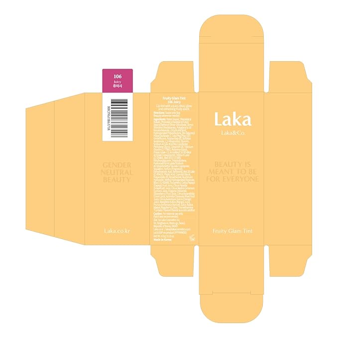 Laka Fruity Glam Tint, 4.5g/0.15 oz., Glowing Lip Stain with Wide Color Spectrum, Hydrating & Lightweight Texture, Long-Lasting Bold Stain, Non-Sticky, Vegan, K-Beauty (#106 Juicy)