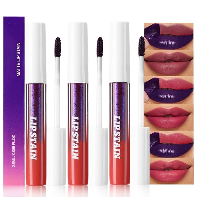 evpct 3Pcs Peel Off Lip Stain Tints, Maroon Red Mauve Matte Liquid Lipstick Lip Stain Long Lasting Waterproof for Women, Non-stick Cup Lipstick Peel Off Highly Pigmented Not Faded Smudge-proof Liptint