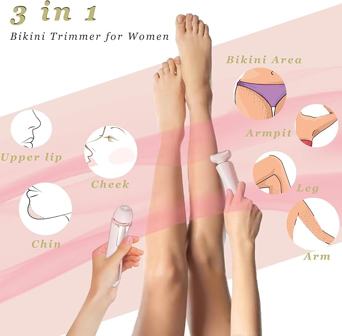 Bikini Trimmer for Women 3 in 1 Body Shaver | No Nick Replaceable Dual Heads | Rechargeable Electric Razors for Pubic Hair with LCD Display | Women's Bikini Area, Face, Legs & Underarms Trimmer