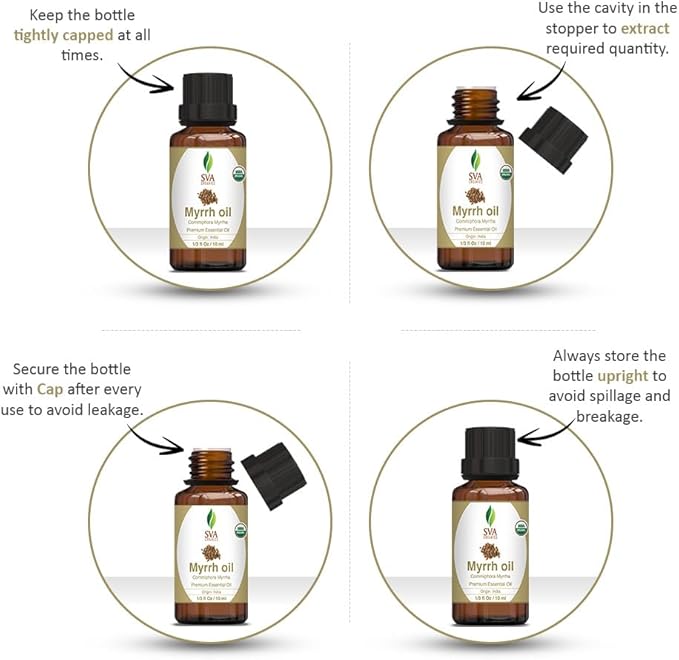 SVA Myrrh Essential Oil Organic – 1/3 Fl Oz – 100% Natural Organic Myrrh Oil - for Diffuser, Hair Care, Face, Skin Care, Aromatherapy, Scalp and Body Massage, Soap and Candle Making