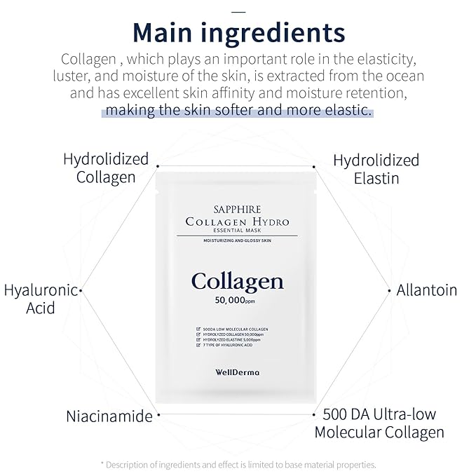 WELLDERMA Sapphire Collagen Hydro Essential Mask 10 Sheets Skin Soothing Calming