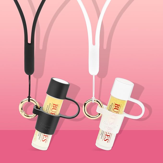 Desing Wish Silicone Lip Balm Holder with Cap Cover Portable Chapstick Holder Keychain Sleeve Lip Balm Key Chain with Key Ring and Neck Strap Lanyard - Black