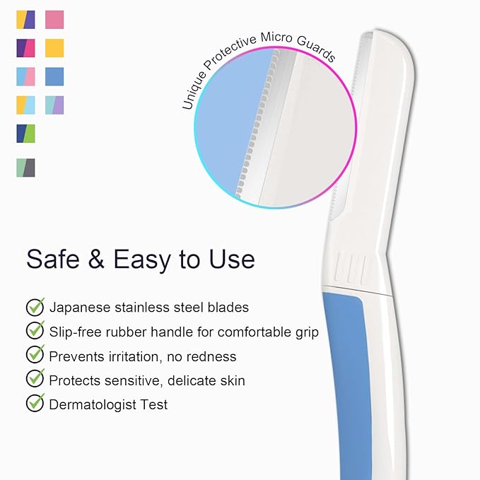 Face Razors for Women, Dermaplane Razor for Women Face, Eyebrow Razor, Dermaplaning Tool, Skin Safe Microblades, Peach Fuzz Remover (12ct, Aegean Frost)