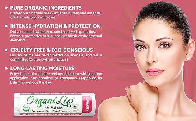Organic Lip Balm, Cherry Flavor, Ultra Hydrating Lip Moisturizer for Cracked or Dry Lips, Infused With Organic Sea Buckthorn, Oval Shaped Tube, USDA Certified Organic, 1 Pack