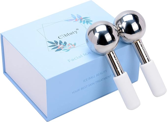 Facial Ice Roller by CIBLUTY- 2PC Stainless Steel Face Globes for Cold or Hot Skin Massagers Durable Unbreakable Globes with White Silicone Handle for Face and Body Fitness