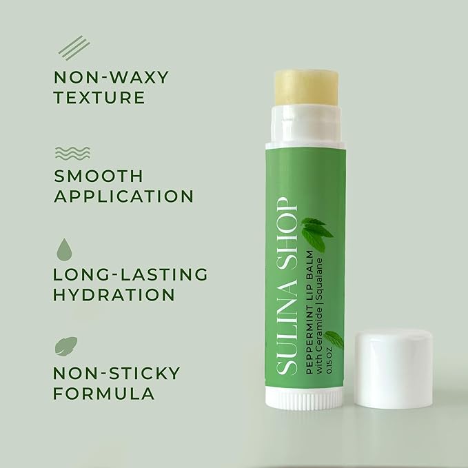 Peppermint Lip Balm with Castor Oil & Vitamin E - Nourishes & Protects Dry Lips, Lip Moisturizer with Ceramide & Squalane, Natural Lip Balm Mint with Deep Hydration for Soft Lips - Lip Repair
