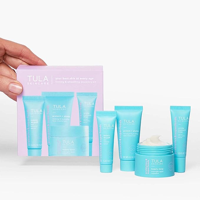 TULA Skin Care Your Best Skin At Every Age Firming & Smoothing Discovery Kit, New Packaging - Wrinkle Treatment, Face Moisturizer, Eye Serum and Overnight Repair Treatment, Anti-Aging, 4-Piece Kit