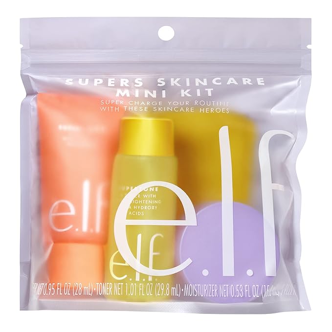 e.l.f. Skin Supers Mini Kit, Skincare Kit With A Toner, Cleanser, Moisturizer & Exfoliating Peel Pads, Brightens, Smooths & Hydrates Skin