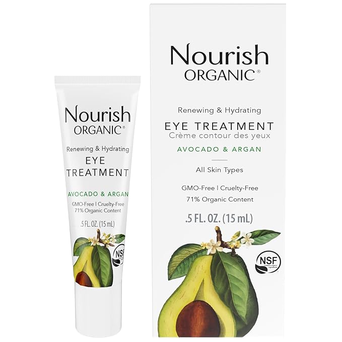 Nourish Organic Eye Treatment, Avocado & Argan – Renewing & Hydrating Under Eye Brightener with Vitamin C + Washable Cotton Round