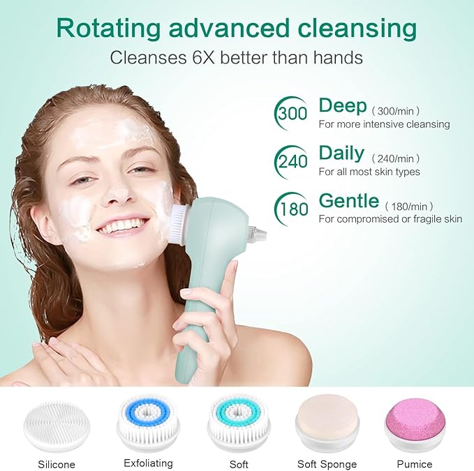 Face Scrubber Exfoliator,Facial Cleansing Brush Waterproof with LCD Screen,Blackhead Remover Vacuum with 5 Brush Heads,Face Spin Brush for Exfoliating (Green)