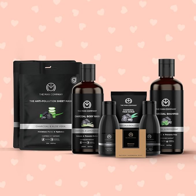 The Man Company Ultimate Charcoal Detan Kit with Elegant Gift Box | Charcoal Body wash, Shampoo, Face Scrub, Face wash, Charcoal Soap, Cleansing gel, Charcoal Sheet mask*2 (Set of 8)