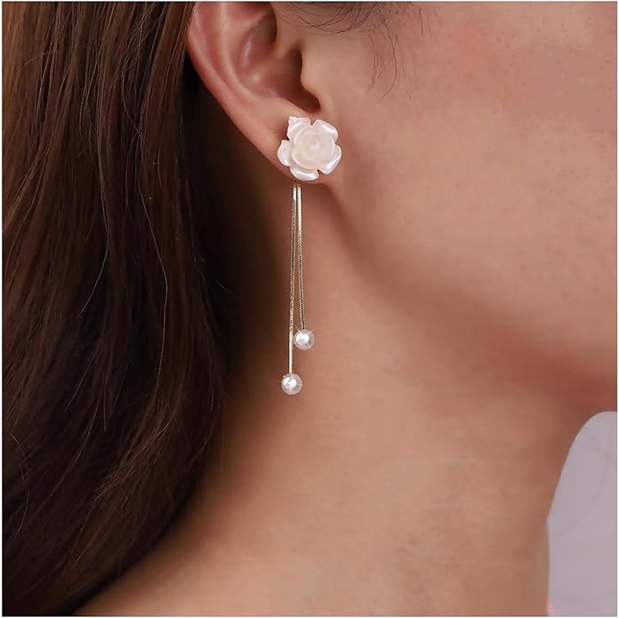 Vintage Flower Pearl Drop Earrings Long Tassel Pearl Earrings White Camellia Stud Earring Gold Pearl Chain Dangle Earrings Jewelry for Women