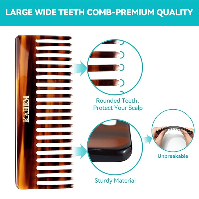 KAHEM Large Wide Tooth Detangler Comb for Women, Men, and Kids - Handmade for Curly, Long, and Short Hair - Professional Wet and Dry Hair Cutting Comb - 6.29 Inch