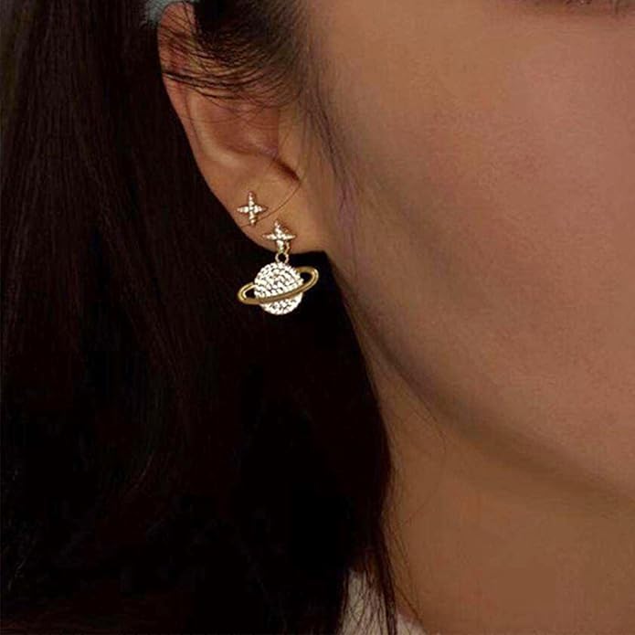 Crystal Saturn Planet Jacket Earrings Vintage Saturn Dangle Earrings Rhinestone Planet Drop Earrings Gold Cz Northstar Stud Earrings Celestial Front Back Earrings for Women Gifts