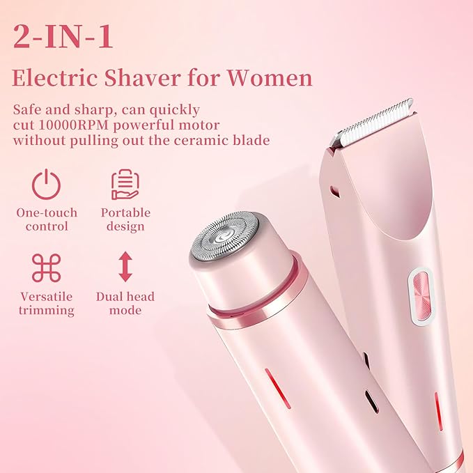 QNHMPW Bikini Trimmer for Women,Electric Razors for Women,2-in-1 Dual Head Shaver- Wet/Dry Shaver Groomer, Waterproof Hygiene Razor Used for Face, Underarm, Leg, Bikini Area(Pink)