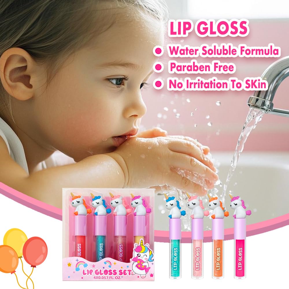 M&U MAKE YOU UP 4pc Unicorn Lip Gloss Stick for Girls- Party Favors Glossy Lip Set with Magic Topper, Girls Birthday Gift, Princess Theme Gift (4 Pack) - Non Toxic