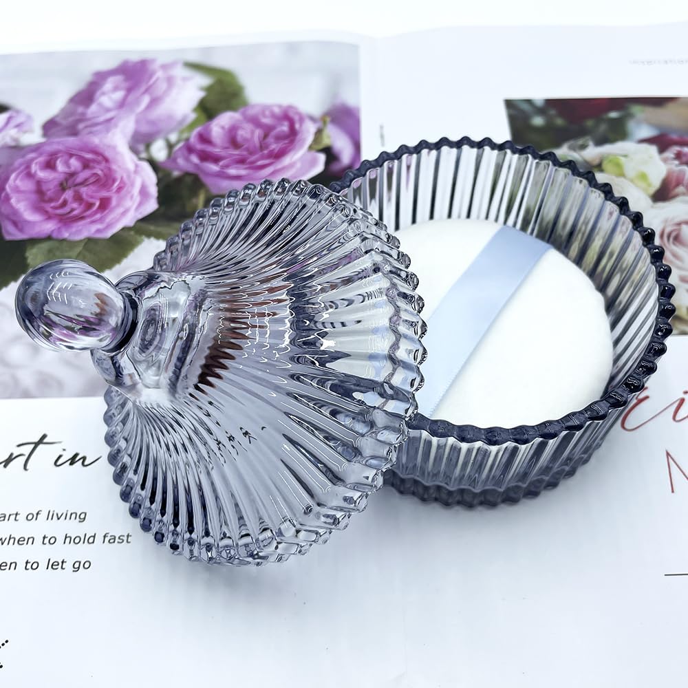 Ultra Soft Powder Puff and Container 3.3" High Density Velvet Dusting Washable Reusable Powder Puff,Body Powder Puff and Glass Jar Holder Loose Powder Box with Puff for Face Makeup(Gray)