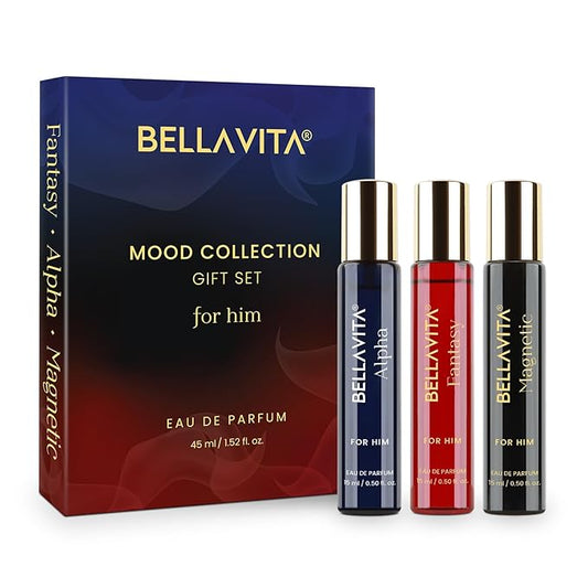 BellaVita Luxury Mood Collection Gift Set (3x15ml) for Men | Pheromone Inspired Technology Long Lasting Fragrance | Includes Alpha, Fantasy & Magnetic Perfumes | Woody, Vanilla, Benzoin and Cedarwood