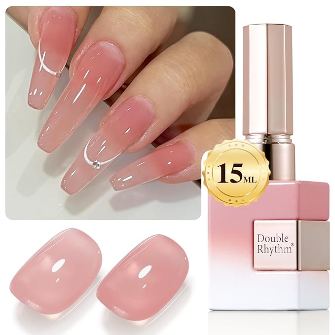 Double Rhythm Translucent Gel Polish Sheer Neutral Natural Light Milky Same Color Same Bottle 15ML Jelly Nail Polish Nail Art DIY at Home (Nude Milky Pink-A1384)