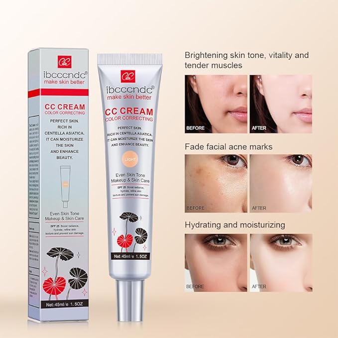 Color Correcting CC Cream,Invisible Pores Cream Foundation And nvisible Pores Concealer,CC Cream Foundation Rich In Centella Asiatic,Moisturizing And Waterproof CC Cream With Spf 25(LIGHT)