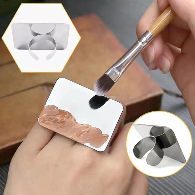 Makeup Spatula Set Stainless Steel, Make Up Tools Mini Mixing Tray with Finger Ring, Makeup Paint Palette, Pack of 2