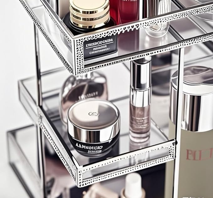 Hersoo 360 Degree Rotation Cosmetic Organizer -Premium Makeup Storage with Spin Base,Antique Countertop Cosmetic Storage,Large Capacity,Beauty Display for Countertop,Vanity or Bathroom (silver)