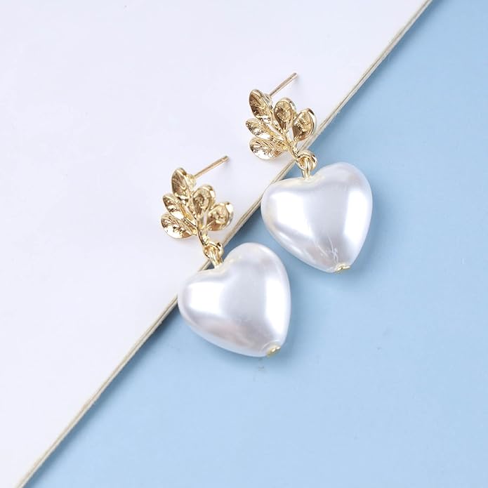 Vintage Pearl Heart Dangle Earrings Heart Pearl Drop Earrings Gold Leaf Stud Earrings Heart Love Earrings Jewelry for Women