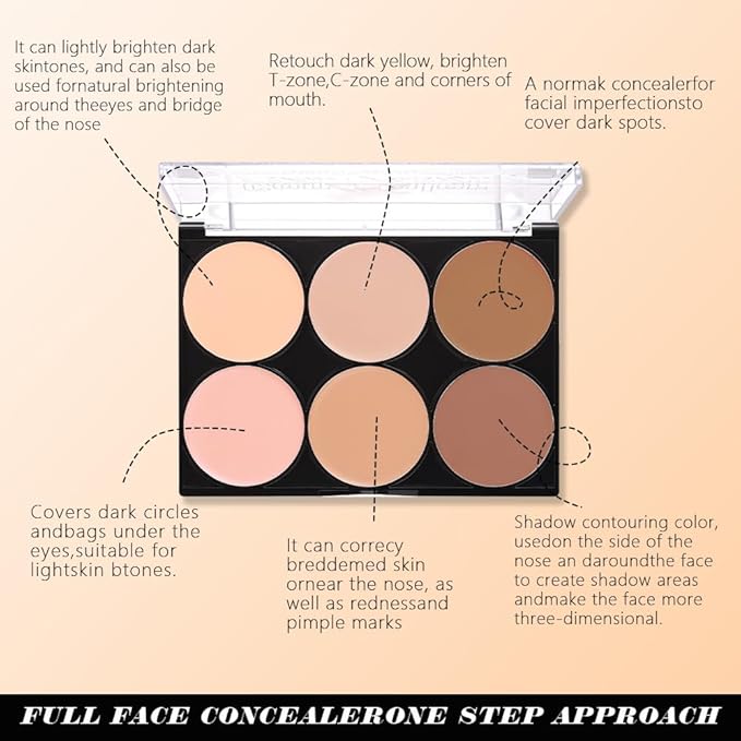 evpct 6 Colors Concealers Full Coverage Cream Contour Palette with Brush for Older Women, Under Eye Color Corrector Tri Color Pot Concealer Palette for Dark Circles Mature Skin Makeup, Waterproof, B1