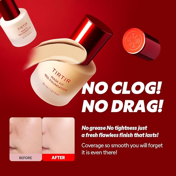 TIRTIR Mask Fit Red FoundationㅣLong Lasting Flawless Coverage, Energy Essence, Lightweight, Hydrating, Pore-Blurring, Breathable Satin Finish, Makeup, Radiant Skin, #27C Cool Beige, 1.01 Fl Oz